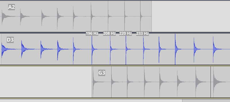Intonation waveform data from A2, D3, and G3. Tracks are lined up so similar scale tones are vertically aligned.